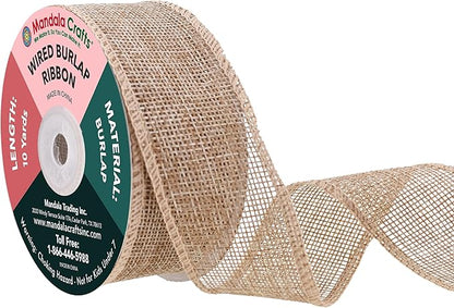 Mandala Crafts Natural Burlap Wired Ribbon 1.5 Inches Wide Jute Ribbons for Crafts - 10 Yds Roll Rustic Burlap Wrap Trim Ribbons for Wreaths Bows Party Decoration