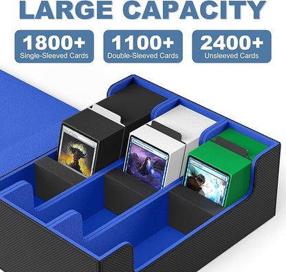 Mlikero Card Deck Case, 1800+ Trading Card Storage Box with 10 Dividers and 3 Foam Stoppers, Leather Magnetic Closure Commander Deck Box Fit for YuGiOh, MTG and Sport Cards(Black&Blue)
