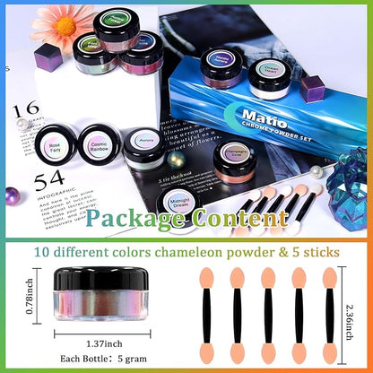 Matio Chameleon Mica Powder,10 * 5g Chrome Powder, 5 Pearlescent Effect Color Shift Pigment & 5 Chameleon White Mica Pigment Set for Epoxy Resin,Soap Candle,Nail Art,Makeup,Bath Bombs, Painting, Slime