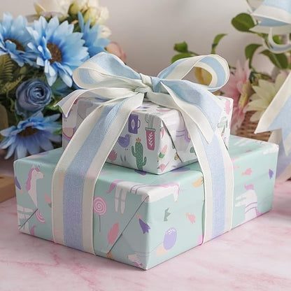 MEEDEE Blue and White Stripe Ribbon Wired Ribbon 2.5 Inch Light Blue Burlap Ribbon with Ivory Stripe Edge Wreath Supplies, Baby Shower Decorations, Crafts Bow Making (10 Yards)