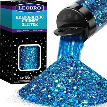 LEOBRO Blue Glitter, 160G/5.64OZ Holographic Chunky Glitter for Crafts, Resin, Body Nail, DIY Decorations, Light Blue