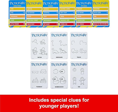 Mattel Games Pictionary Family Board Game for Kids, Adults and Game Night for 2 Teams with Erasable Markers, Boards and Sand Timer