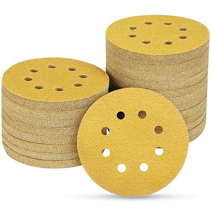 100PCS 5 Inch 8 Hole Sanding Discs 80 Grit,Gold Round Hook and Loop Sandpaper for Random Orbital Sander