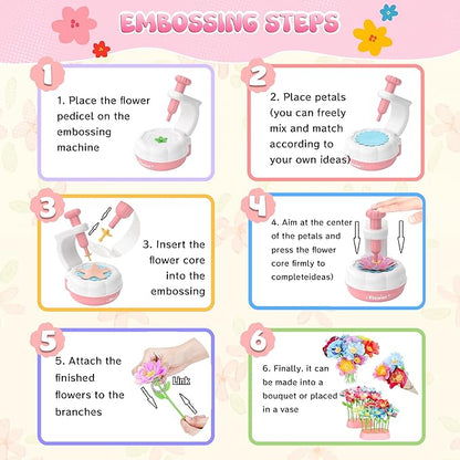 GirlsHome 300+PCS Fabric Flower Bouquets Toys, DIY Flower Crafts Kits for Kids, Arts and Crafts for Kids Ages 6-8 Girls, Build Flower Bouquet, STEM Educational Toy Preschool Gifts (White Pink)
