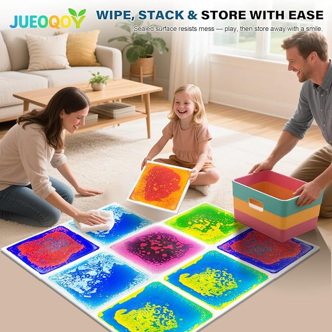 Liquid Sensory Floor Tiles for Kids Ages 3+, 12" Step-On Tiles with Non-Slip Base, Interactive Color-Flow, Assorted Colors, Classroom Sensory Path Set (6-Pack)