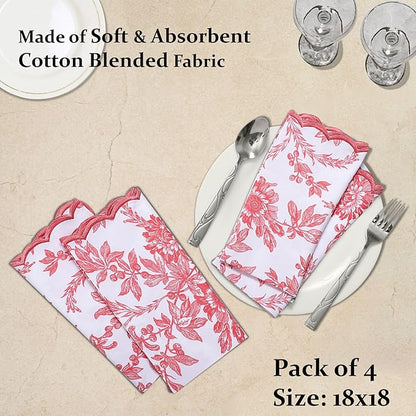 Ridhi Peach Coral Hand Block Print Napkins 18" x 18" Set of 4 Reusable Cotton Dinner Napkins for Weddings, Parties & Everyday Dining, Thanksgiving, Christmas, Fall