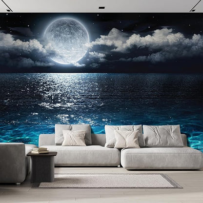 wall26 Wall Sticker/Wall Mural Sea Under Moonlight, Not Peel and Stick, Non-Woven Wallpaper Decorative for Bedroom, Living Room, Office - 108x144 inches