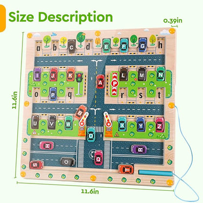 Magnetic Alphabet Maze - Montessori Parking Board Letters Matching Educational Toys Magnet Puzzle Preschool Sensory Activities Gifts for Toddlers Boys Girls Age 2-6