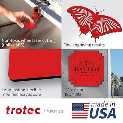 Trotec TroLase | 12"x12"x1/16", 8 Pcs | Red/Black | 2 Ply | Modified Acrylic | Laser Engraving Double Color Plastic Sheet | Engraving Blanks for Laser, Saw, Guillotine | Made in USA