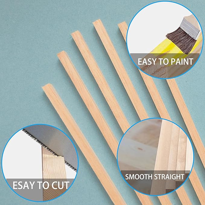 60Pcs Wood Square Dowel Rods 1/8 x 1/8 x 12 inch,Balsa Wood Squares for Crafts,Model Making (1/8"x12"-60pcs)