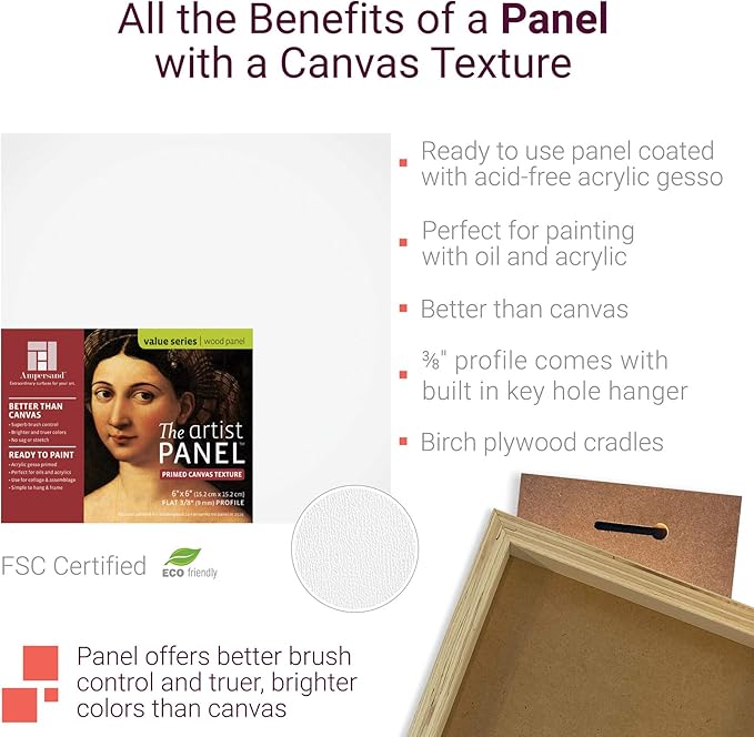 Ampersand Art Supply Wood Gesso Art Painting Panel: Canvas Texture, 3/4 Inch Cradle, 5" x 5"