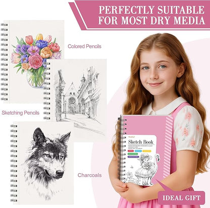 Sketch Book with 12 Color Pencil Set, 90 Sheets Spiral Sketchbook for Drawing (68lb/100gsm), Acid-Free Sketch Pad for Kids Artist, Art Paper Drawing Supplies for Gifts(Pink)