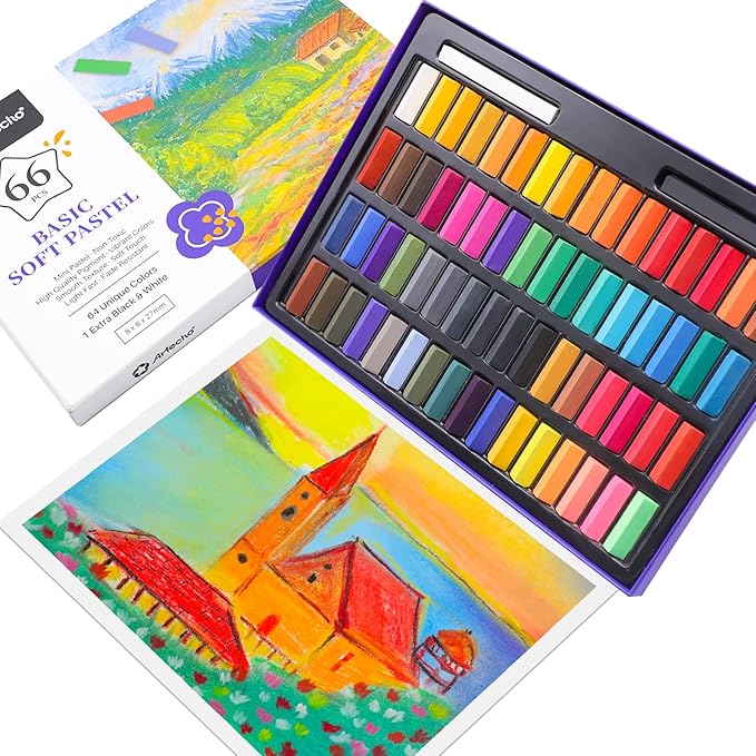 Artecho 66pcs Soft Pastels, 64 Colors Including 4 Fluorescent Colors, Extra Free Black & White, Square Chalk for Drawing, Blending, Layering, Shading, Pastels Art Supplies