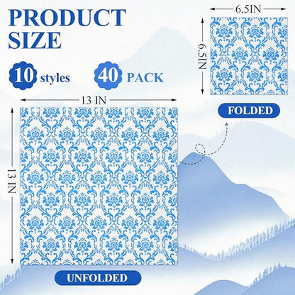 40 Pack 10 Styles Decoupage Paper Napkins, Assorted Blue and White Floral Decorative Decoupage Cocktail Napkins for Birthday Tea Party Wedding Dinner Kitchen Bathroom