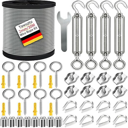 1/16 Inch Stainless Steel Cable 100FT with M5 Turnbuckle - 304 SS Wire Rope Kit for Outdoor Sun Shade, Garden, Deck (1/16" 100FT Wire Rope Kit)