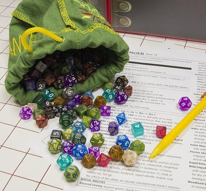 Wiz Dice Mini DND Dice Set - 140 Pieces Total (20 Sets of 7 Dice in Unique Colors) & Storage D&D Bag-Polyhedral Role Playing Dice - Perfect DND Accessories for TTRPG Dice - Hafling's Haversack