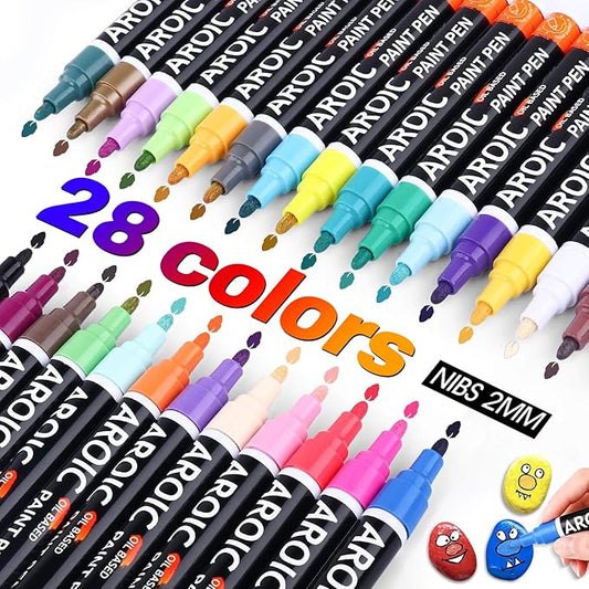 AROIC Paint Markers, 28 Colors Oil-Based Waterproof Paint Marker Pen Set.Quick Dry and Permanent Painting Markers Set for Rock, Wood, Metal, Plastic, Glass, Canvas, Ceramic & More! Safe and odorless.