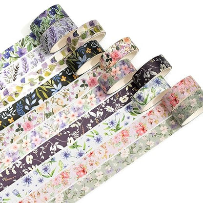 10 Rolls Blooming Flowers Washi Tape Set Floral Arts Adhesive Tapes Colorful Garden Decorative Masking Tape Sets for Craft, Kids, Scrapbook, DIY, Gift Wrapping (4-Purple)