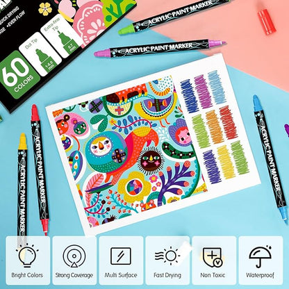 FUMILE 60 Colors Acrylic Paint Marker Dual Tip(Fine and Dot Tip), Paint Pens Acrylic Markers for Wood, Rock, Plastic, Glass, Ceramic, Canvas.Acrylic Markers Set for DIY Christmas Gifts and Art