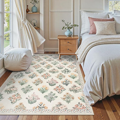 Wonnitar Nursery Rug for Baby Girl, Washable Moroccan Floral 5x7 Rug, Ultra-Thin Non Slip Neutral Flower Print Carpet for Living Room Kids Room Dorm Home Decor, Cream Beige