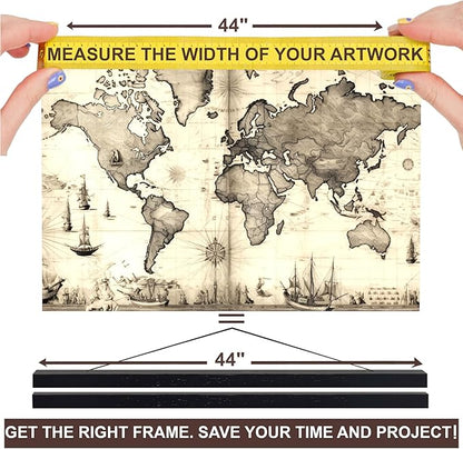 DACRI HOME 44" Magnetic Poster Hanger Frame - Sturdy Teak Wood Poster Frame 44x18 44x24 44x36, Strong Magnets for Easy Hanging Map Picture Print Scroll Wall Art (44 Inch, Black)
