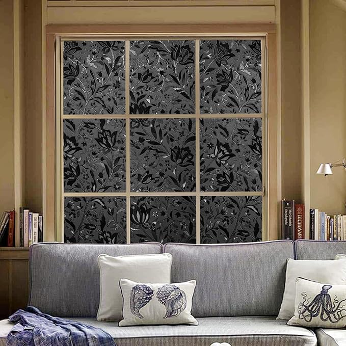 LEMON CLOUD Total Blackout Window Film Privacy Static Cling Frosted Black Window Covering 100% Opaque Film Tint Darkening Removable Film for High Privacy，(Blackout Tulip Design,17.5 x118.1 inches)