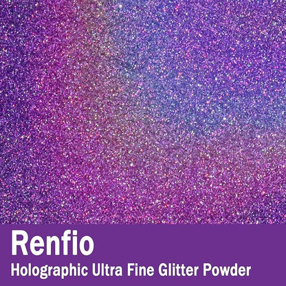 Renfio Holographic Ultra Fine Glitter Powder Metallic Resin Glitter 2.11 Oz (60g) PET Flakes Crafts Sequins 1/128" 0.008" 0.2mm Epoxy Chips Flakes for Tumblers Slime Roses - Laser Light Purple