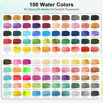 Watercolor Paint Set 100 Colors Including Metallic, Watercolor Kit with Case, Watercolor Paper, Paint Brushes, Palette and Accessories, Water Color Art Supplies Gift for Adults Kids Artists