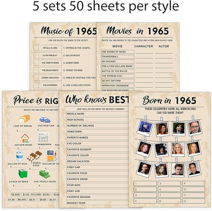 QUPT 60th Birthday Party Games, Set of 5 Activities for 10 Guests, Born in 1965 Games Bundle, Birthday Party Supplies for Adults, Pack of 50 Cards