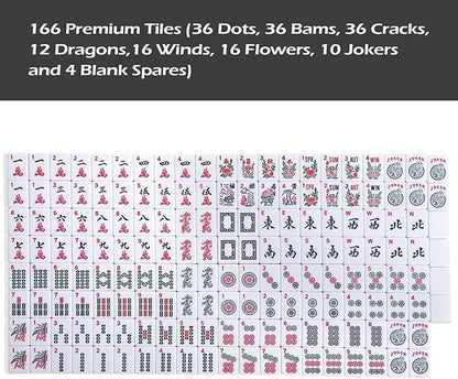 American Mahjong Game Set, 166 Quality White Tiles, 4 All-in-One Color Rack/Pushers, Mahjong Tile Set with Light Blue Printed Carrying Bag