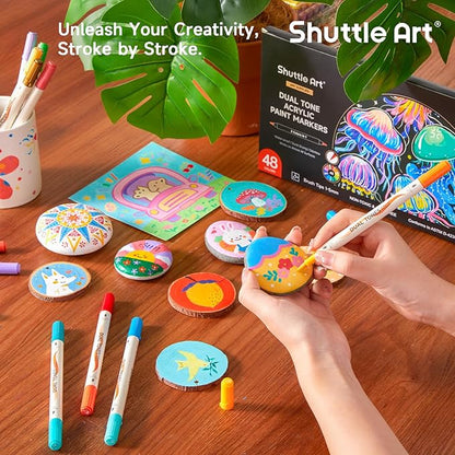 Shuttle Art 24 pack Dual Tone Acrylic Paint Markers, 48 Colors Acrylic Paint Pens for Rock Painting, Ceramic, Wood, Canvas, Glass, Stone, Fabric, Card Making, DIY & Art Supplies