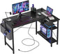 TIQLAB L Shaped Computer Desk with Power Outlets, 47 Inch Small Corner Desk with Reversible Shelves, Gaming Desk Computer Table Study Writing Table for Home Office Bedroom Small Space, Black