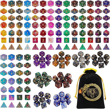 CiaraQ DND Dice Sets - 26 X 7 Polyhedral Dice (182pcs) with a Large Drawstring Bag for Dungeons and Dragons, Role Playing Table Game. Multiple Colors, Glitter Swirl Design with Gold Numbers.