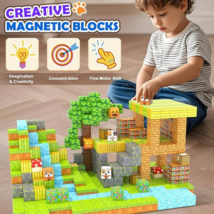 Large Magnetic Blocks 1" Building Cubes Toys for Kids Ages 4-6 5-7 8-12, Magworld Bamboo House Building Craft Construction Toy Set, Creative Sensory Toys Game Gift for 3+ Year Old Boys Girls