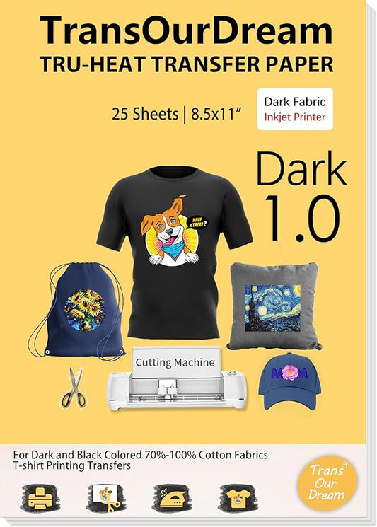 TransOurDream Heat Transfer Paper for Dark T Shirts (25 Sheets, 8.5x11", Dark 1.0) Iron on Transfers Paper for Inkjet Printer Printable Heat Transfer Vinyl for Dark Fabrics