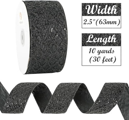 HUIHUANG Glitter Black Wired Ribbon for Christmas Tree 2.5 inch Black Diamond Mesh Wire Ribbon for Tree Decoration, Wreaths, Garland, Gift Wrapping, Bows Making, Halloween Decor -10 Yards