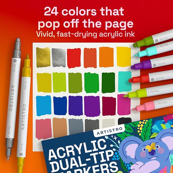 ARTISTRO Acrylic Paint Markers for Rock, Fabric, Wood, Glass, Craft - 24 Quick Dry Dual-Tip Paint Pens for Halloween Decorations - Pumpkin Painting Kit, Drawing Markers, Art Supplies, Christmas Gift