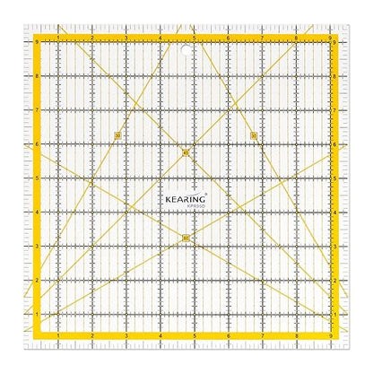 KERING Square Quilting Ruler - 9.5x9.5 inch Anti-Slip Acrylic Ruler for Patchwork Piecing, Bias Strips & Rotary Cutting, Professional Quilter's Tool with Dual-Angle Guide