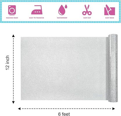 Silver Glitter Heat Transfer Vinyl 12Inch*6FT Glitter Iron on Vinyl for T Shirts Easy to Cut and Weed Compatible with All Cutter Machines HTV Vinyl Iron on for Cricut (Silver12Inches*6Ft)