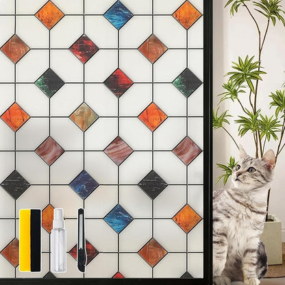 DKTIE Stained Glass Window Film Geometric Patterns, Fine Frosted Window Clings for Glass Windows, Waterproof for Bathroom Window Privacy Film Day and Night (S533, 17.7in X 78.7in)