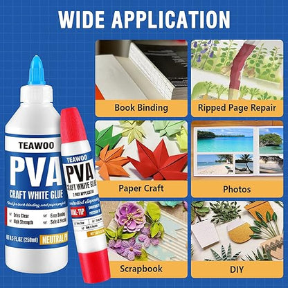 Book Repair & Binding Glue Kit – 8.5 Oz + 2×1.35 Oz Acid-Free PVA Adhesive – Neutral pH, Dries Clear & Flexible for Books, Crafts, Collages & Paper Art, Used for Bookbinding and Book Repair