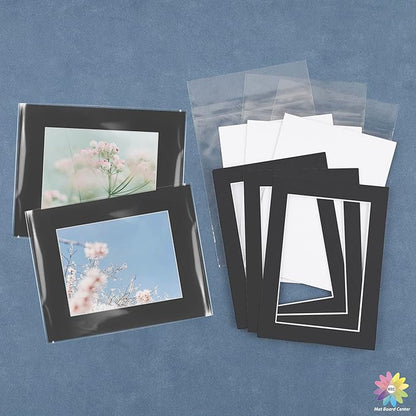 Mat Board Center, Pack of 10, 16x20 for 11x14 Black Picture Mat Sets - Acid Free, 4-ply Thickness, Bevel Pre-Cut White Core - Includes Backing Boards and Clear Bags - for Pictures, Photos, Framing
