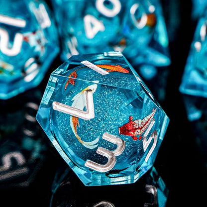 ARUOHHA Liquid Core DND Dice Set, 7pcs Resin Blue Sharp Edged Dragons Dice Compatible with D&D Role Playing Games, Handmade RPG Koi Fish Dungeons Polyhedral Dice Set D20 D12 D10 D8 D6 D4