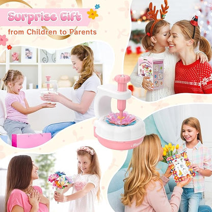 GirlsHome 300+PCS Fabric Flower Bouquets Toys, DIY Flower Crafts Kits for Kids, Arts and Crafts for Kids Ages 6-8 Girls, Build Flower Bouquet, STEM Educational Toy Preschool Gifts (White Pink)