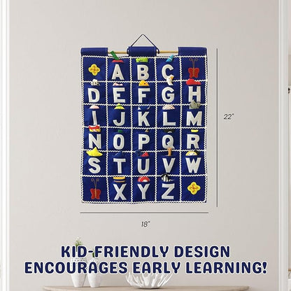 Pockets of Learning ABC Felt Wall Hanging Chart - Early Education Alphabet Fabric Wall Décor for Children's Room | Engaging Educational Learning Art for Kids with Fabric Objects in Pocket (Blue)