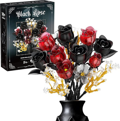 Rose Flower Bouquet Building Set for Adults, Halloween for Women Teen Girlfriend, Artificial Floral Botanicals Collection Gothic Decor for Home or Office (414 PCS)
