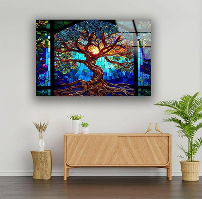 My Photostation.com 30Wx24H'' Stained Blue Life of Tree Glass Wall ArtTempered Glass Printing Wall Decor Large Wall Art Wall Hangings