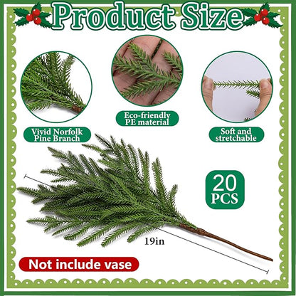 25 Pcs Christmas Norfolk Pine Branches with Red Berry Stems, 19" Extra Long Fake Greenery Norfolk Pine Stems Sprigs, Artificial Xmas Branches Plants Pine Leaves for DIY Craft Garland Home Decor