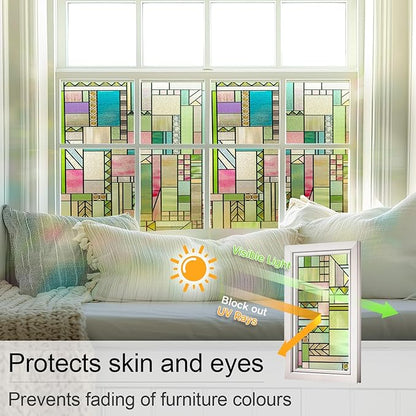 LuminManta 3D Stained Glass Window Privacy Film, Heat Control UV Blocking Static Cling Decorative Window Film for Bathroom,Front Door,Home Non Adhesive 23.6 x 35.4 inches Colorful Abstraction