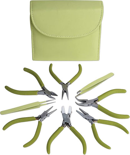 The Beadsmith Fashion Color Pliers – Set of 8 Slimline Color-Coordinated Tools – Matching Clutch in Light Olive – Jewelry Making Supply Kit to Create Necklaces, Bracelets, Earrings & More